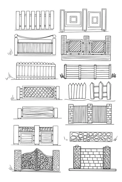 白い背景に手描きの棒で鍛造された木製の柵石金属の異なる種類のフェンスの庭セット — ストックベクタ