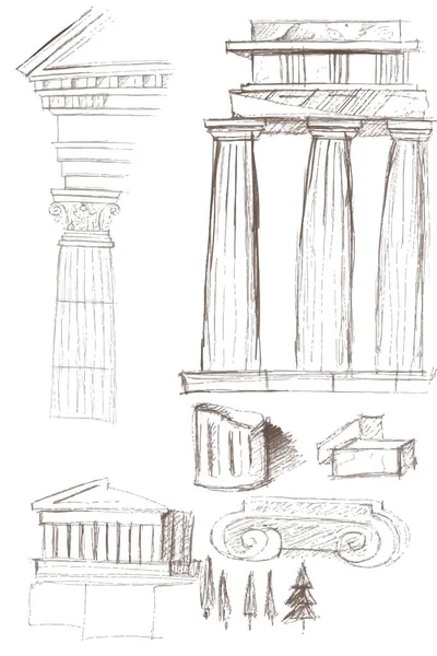 Ancient Rome Architecture Greece Sketch Temple Colonnade Columns Portico Hand — Stock Vector
