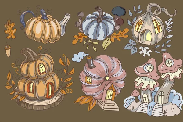 House Pumpkin Fabulous Magical Children Cartoon Character Forest Mushrooms Leaves — Stock Vector