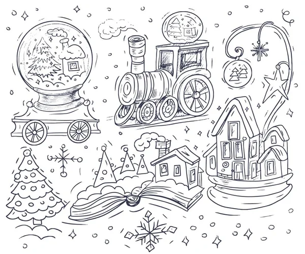 Livro Coloração Locomotiva Natal Crianças Esboço Férias Jogo Rabiscos Elementos — Vetor de Stock
