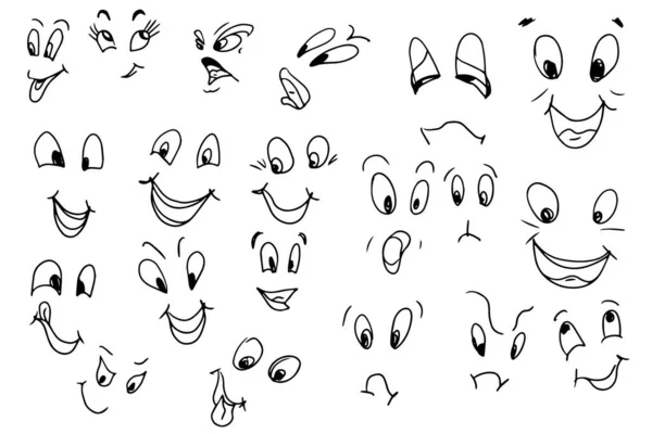 Obličejové Emoce Úsměv Oči Čmáranice Kreslený Set Velké Izolované Prvky — Stockový vektor