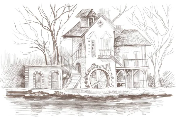 Dům Budova Vodní Mlýn Ručně Kreslené Tužka Kreslení Venkov Vesnice — Stock fotografie