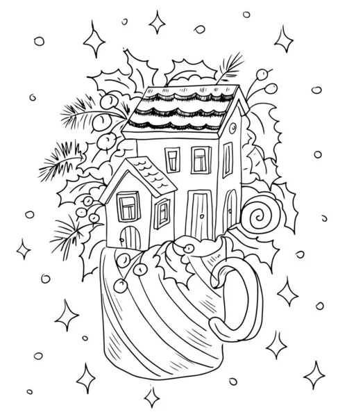 クリスマス冬のマグカップ小枝の葉とベリーとキャンディー おとぎ話の家森居心地の良い休日気分イラスト手描きグリーティングカード新しい年末年始の星 — ストックベクタ