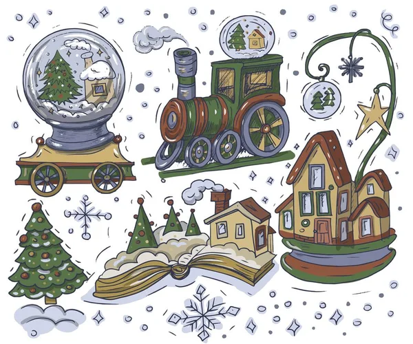Christmas Lokomotywa Kolorowanki Dla Dzieci Wakacje Szkic Doodle Zestaw Poszczególnych — Wektor stockowy