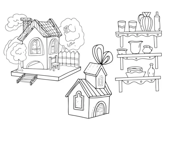 白い背景に別々の要素ミル農業の小さな1階建ての村の農場の木製の手のスケッチのドアセットを描画家 — ストックベクタ