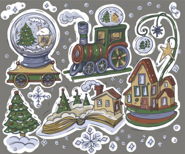 Çocuklar için noel lokomotifi boyama kitabı. Tatil için özel oyuncakların karalama seti. Yeni yıl tatili için elle çizilmiş.