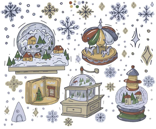 雪のクリスマス冬のおとぎ話の家森居心地の良い休日気分イラスト手描きグリーティングカード新年の休日の星 — ストックベクタ