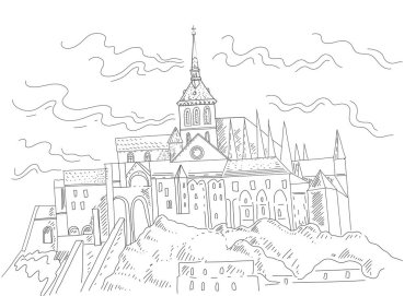 Tepedeki sarayın el yapımı kalesi. Peyzaj tarihi mimarisi skeci. Beyaz arkaplan kule pencere duvarında ayrı olarak gezin