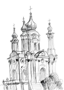 Kyiv Kalem Kilisesi 'ndeki Aziz Andrew Kilisesi mimari tarihi eser çiziyor. beyaz arkaplan üzerine çizim, mimari ayrıntılar