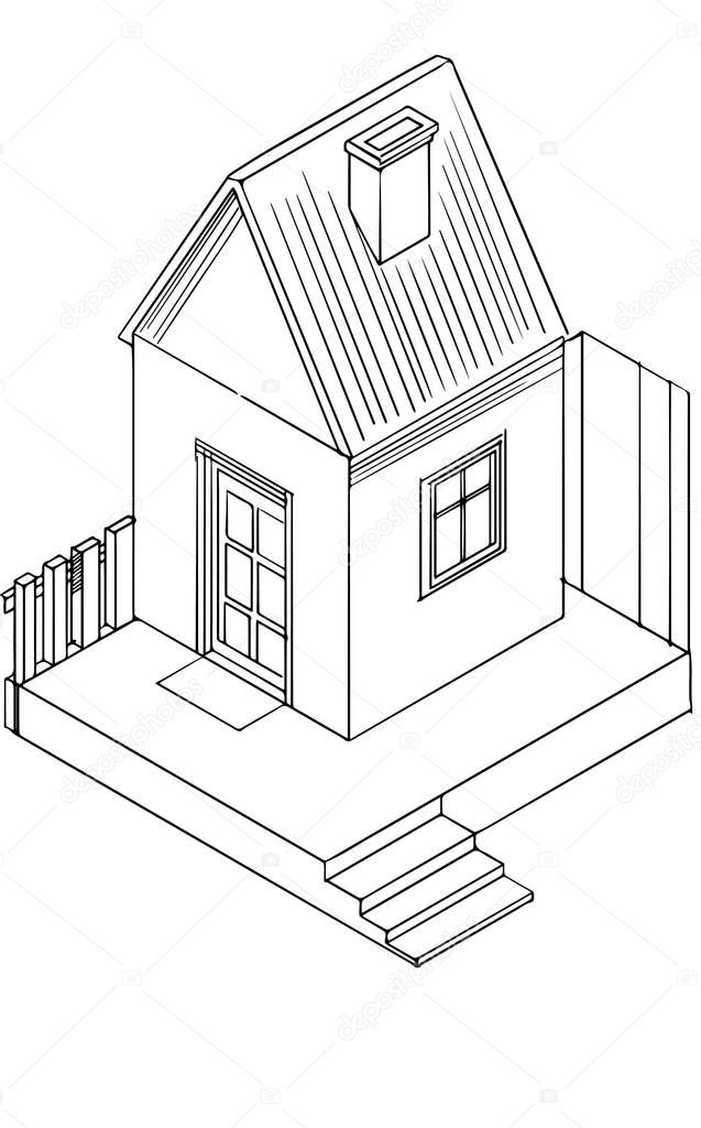 House sketch isometric drawing of a onestory house with a roof, a
