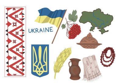 Ukraine national flag and coat of arms, country map symbols viburnum, towel loaf, red beads separate elements drawn by hand separately on a white background