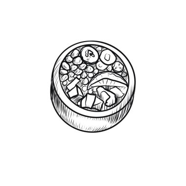 Sushi rolls japanese food chinese traditional cuisine rice fish salmon hand drawn set separately on white background unagi maki sticks chinese restaurant food menu Inscriptions in English sushi and rolls