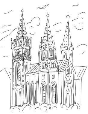Katedral kalesi tarihi yapı mimarisi çizgisi, arka plan çizimi, yüksek pencereli bina, kuleler ve kapılar. siyah ve beyaz çizgiler