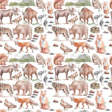 Animals forest bear wolf fox owl birds elk bison trees oak pine 