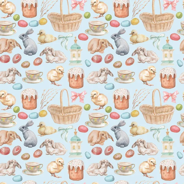 Easter Holiday Spring Bunnies Animals Chick Duckling Eggs Basket Wicker — Stockfoto