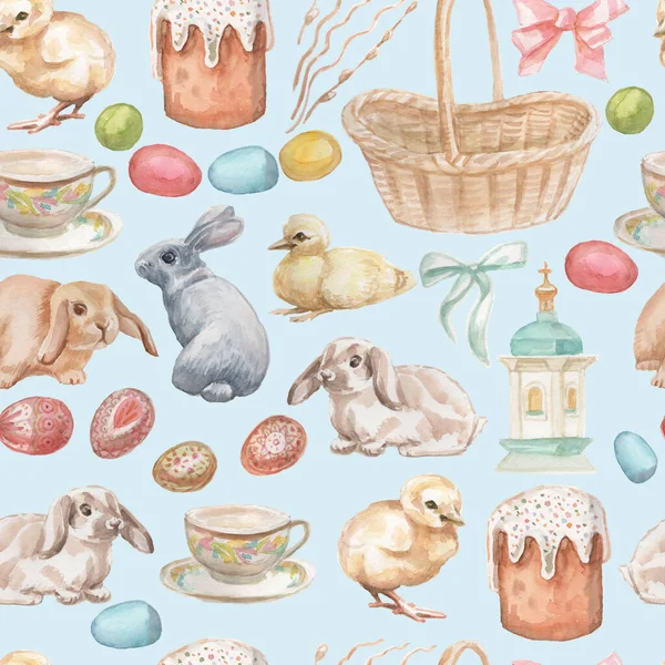 Easter Holiday Spring Bunnies Animals Chick Duckling Eggs Basket Wicker — Stock fotografie