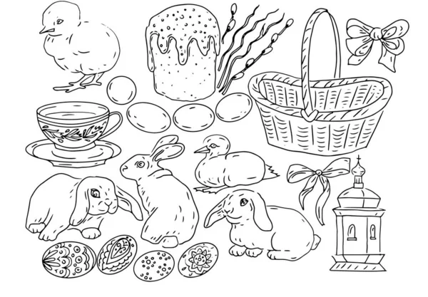 Easter Holiday Spring Bunnies Animals Chick Duckling Eggs Basket Wicker — Stockvektor