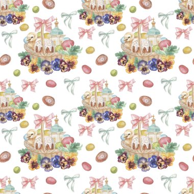 Easter holiday spring bunnies animals, chick, duckling, eggs, basket wicker cup ribbons and church decoration watercolor illustrations hand drawn set isolated on white background