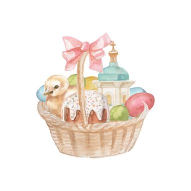 Easter holiday spring bunnies animals, chick, duckling, eggs, basket wicker cup ribbons and church decoration watercolor illustrations hand drawn set isolated on white background