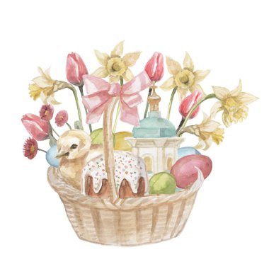 Easter holiday spring bunnies animals, chick, duckling, eggs, basket wicker cup ribbons and church decoration watercolor illustrations hand drawn set isolated on white background