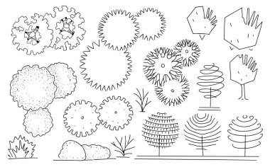 Grafik çizimi açısından manzara ağaçları, site dekorasyonunun el çizimi mimari tasarımı, yarım yamalak çizimler, beyaz arka planda büyük bir siyah beyaz karalama çizimi.