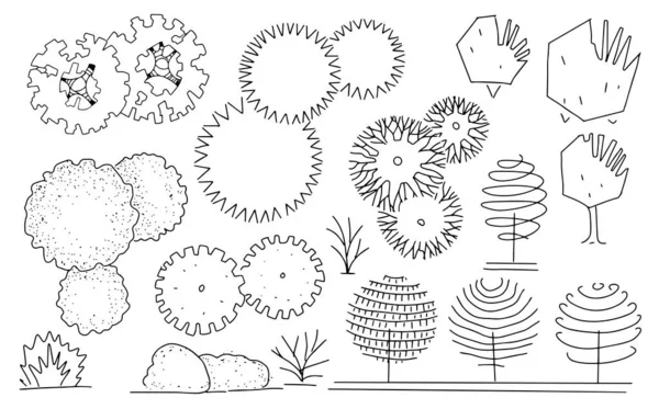 Árboles Paisaje Términos Gráficos Dibujado Mano Diseño Arquitectónico Los Arbustos — Archivo Imágenes Vectoriales