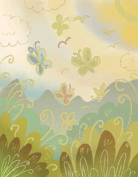 Postcard background spring sunny warm colors blurred butterflies leaves grass sun rays hand drawn festive joyful mood