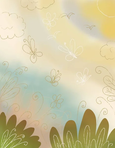 はがき背景春晴れ暖かい色ぼやけた蝶の葉草の太陽光線手はお祝いの喜びの気分を描いた — ストック写真