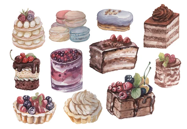 Gâteaux Muffins Desserts Boulangerie Dessiné Main Aquarelle Jeu Illustration Isolé — Photo