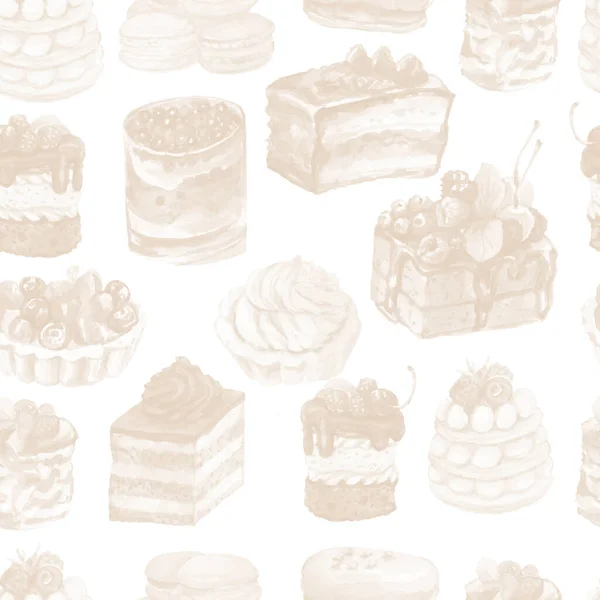 ケーキマフィンデザートベーカリー手描き水彩イラストセット白を基調とした料理甘い料理のレシピスイーツ — ストック写真