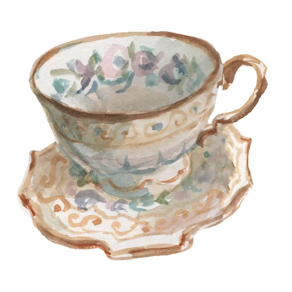 茶壶茶壶茶壶茶壶茶匙糖果水彩画手绘大盘白底素描 — 图库照片