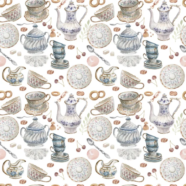 Tabakları Seramik Bardaklara Koyun Süt Sürahisi Çay Fincanlarına Çay Kaşığı — Stok fotoğraf