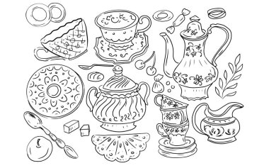 Çanak çömlek bardaklarını kaşıkları çaydanlıkları çaydanlıkları çaydanlıkları çaydanlıkları çaydanlıkları çay partisi kahve servisi grafik çizim elini beyaz arka planda izole edilmiş olarak ayarla