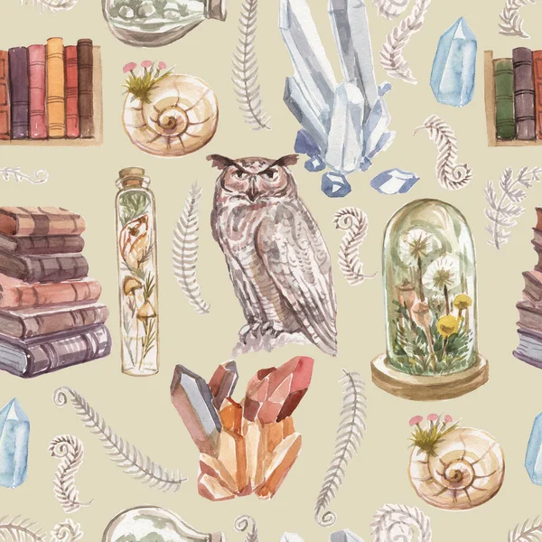Owl crystals magic glass flask bottle and vintage books stack watercolor illustration hand drawn set separately on white background