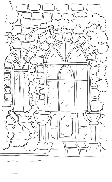 Старий Дворик Двері Плетіння Рослин Стара Кладка Ручної Розмальовки Графіка — стоковий вектор