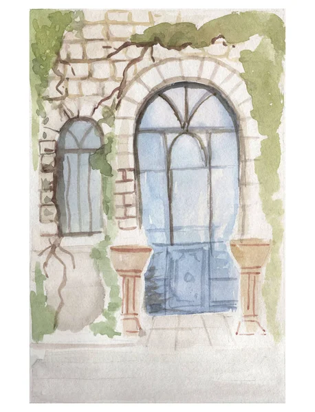 old patio door window old masonry wicker greenery watercolor illustration hand drawn provence background