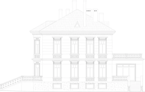 Hus Fasad Teckning Arkitektur Två Våningar Klassisk Stil Svart Och — Stock vektor