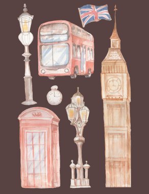 Londra 'nın başkenti UK şehir merkezi otobüs durağı fenerleri ve İngiliz bayraklı suluboya illüstrasyon el çizimi beyaz arka plan seyahat tatillerinde izole edilmiş Avrupa seyahatleri