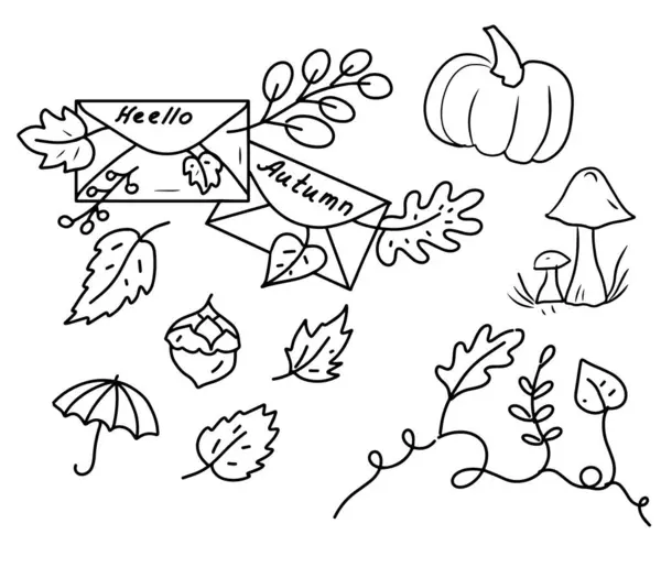Herbst Doodles Aufkleber Malset Buchstaben Blätter Herbst Stimmung Von Hand — Stockvektor