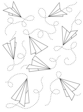 Kağıt uçak karalaması beyaz arka planda beyaz bir arka planda seyahat sembolü yön çizgisi üzerine çizilmiş. Boyama kitabı çocuk çizimleri