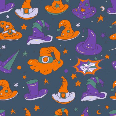 Cadılar Bayramı şapkaları sonbahar tatil seti renklendirmesi beyaz arka plan elementleri üzerinde ayrı ayrı çizilmiş turuncu ve mor renkler