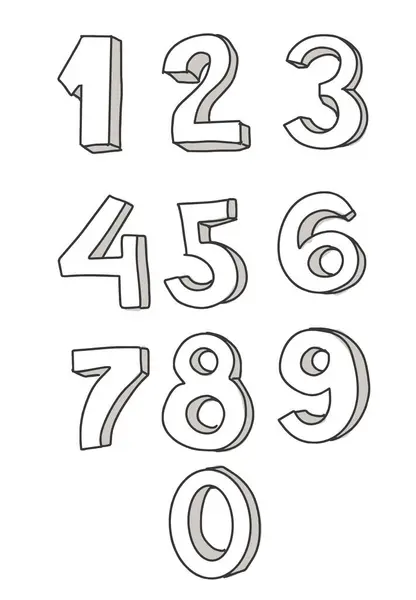 Numbers Set Hand Drawn Font Cute Pictures Children Voluminous Shadows — Stock Vector