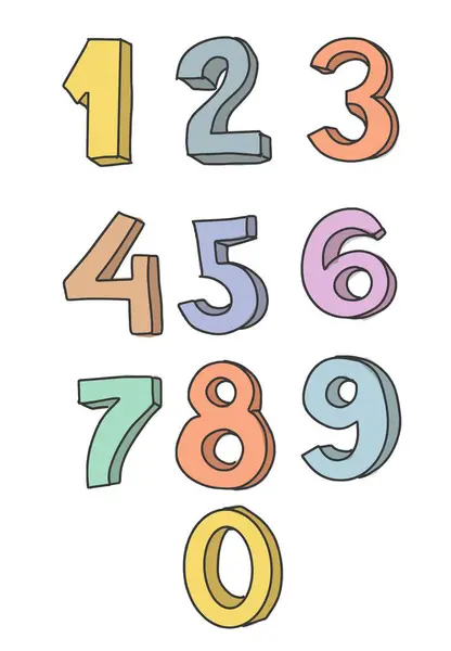 Numeri Set Font Disegnati Mano Simpatiche Immagini Bambini Voluminosi Con — Vettoriale Stock