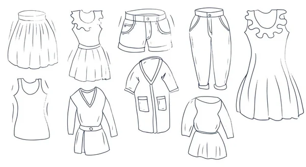 clothing set hand drawn sketch doodle coloring, jeans, trousers. dress, shorts, T-shirt, skirt outfit elements separately on a white background wardrobe shopping
