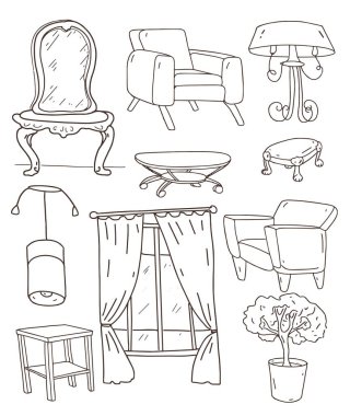 El yapımı mobilyalar, karikatür çizimi, kanepe sandalyesi masa küveti, lavabo. İç tasarım tarzının bireysel ögeleri