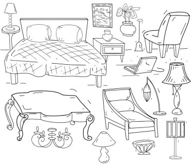 El yapımı mobilyalar, karikatür çizimi, kanepe sandalyesi masa küveti, lavabo. İç tasarım tarzının bireysel ögeleri