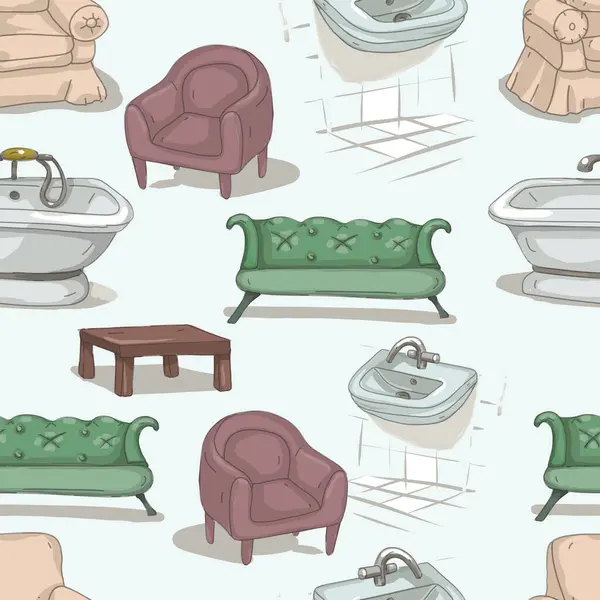 Hand-drawn furniture set sketch cute cartoon sofa chair table bathtub, sink. Individual elements of interior design style