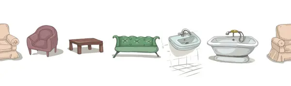 Hand-drawn furniture set sketch cute cartoon sofa chair table bathtub, sink. Individual elements of interior design style