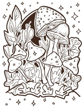 Mantarlar mistik büyülü grafikler ay yıldızlarının el çizimleri tarot sezgileri tarot mantarları zehirlemeler arka plan etiketlerini renklendirir