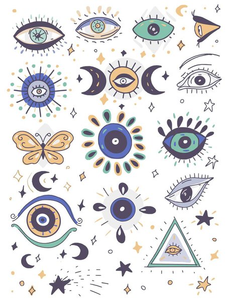 Eyes magic hand drawn on a white background set of cute pictures cartoon stars moon mysticism tarot astrology